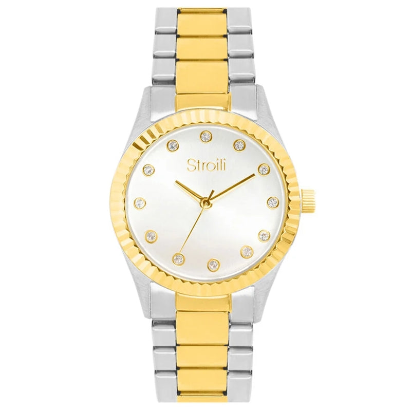 Stroili Gold Silver Dress Watch: Gold and silver mixed-metal dress watch with crystal hour markers on a clean dial