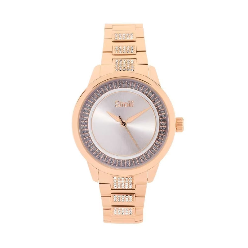 Rose gold-tone wrist watch with silver dial and crystal-set bezel and bracelet links for Women