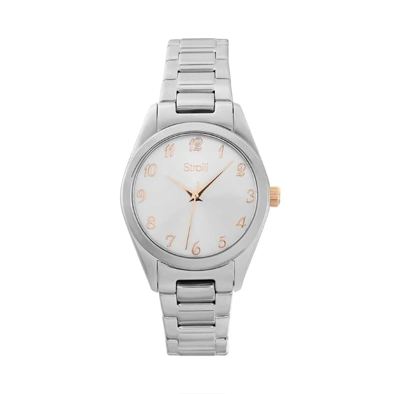 Stroili Rose Gold Silver Watch: mixed silver and rose gold metal wrist watch with numbered analog dial and metal bracelet