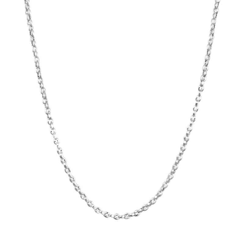 Close-up of polished silver chain necklace with bold links and lobster clasp on neutral background