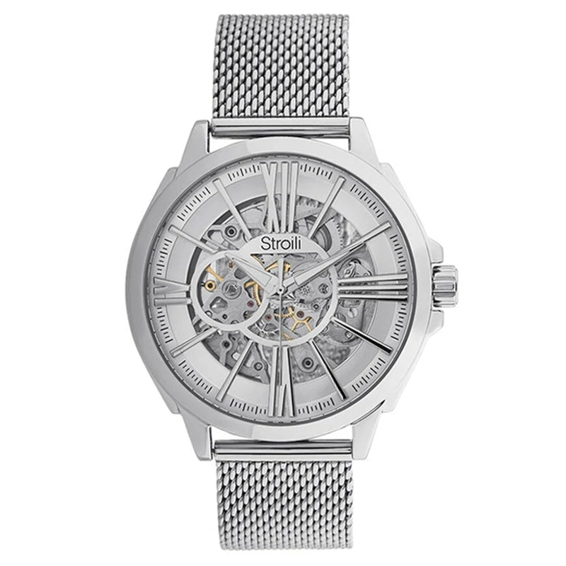 Silver stainless steel skeleton watch with mesh strap, Roman numerals, visible mechanical movement