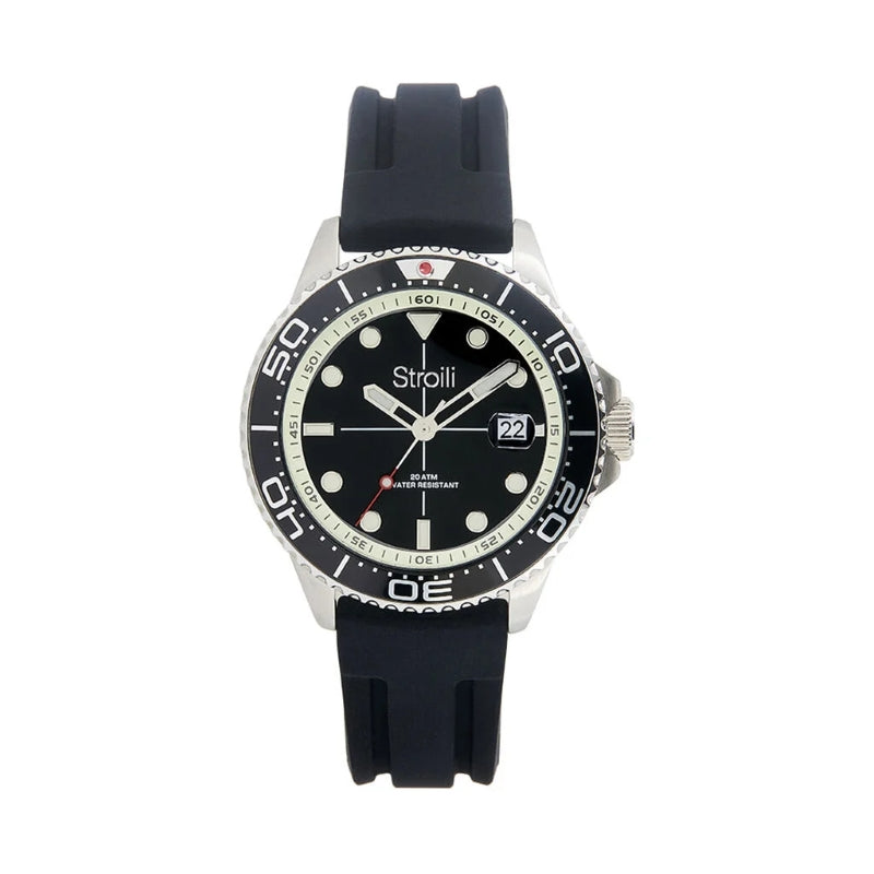 Black and silver sports wrist watch on rubber strap, rotating bezel, luminous markers