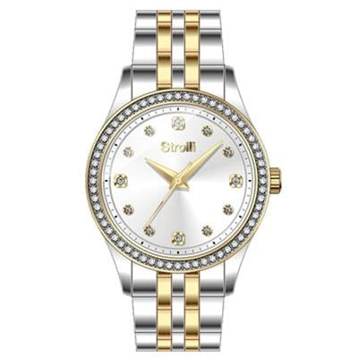 Two-tone silver and gold wristwatch with rhinestone bezel and markers on white background