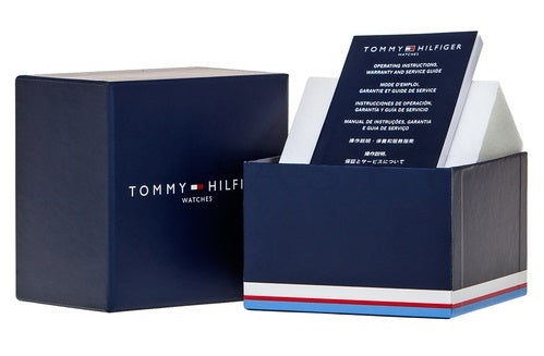 Tommy Hilfiger black chronograph watch showing 24-hour subdial, day and date indicators on black dial