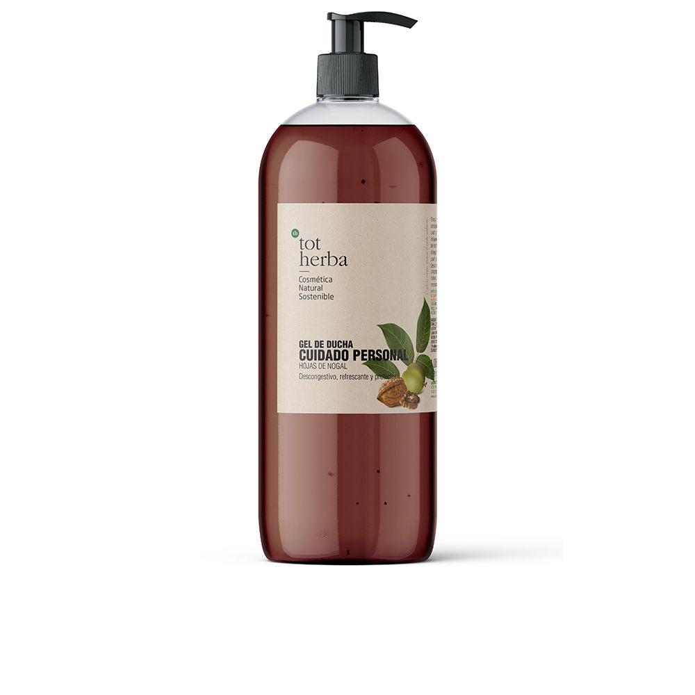 Bottle of Tot Herba Walnut shower gel with botanical walnut leaves background